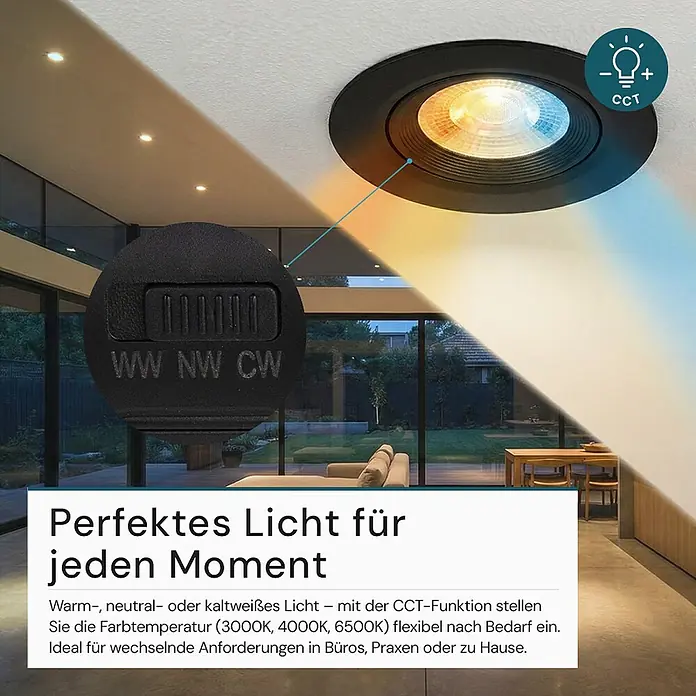 Luxula Wand- & Deckenspot LUXULA LED Downlight schwenkbar Set - 7 W, Ø x H: 9 x 5 cm, Schwarz, Mehrfarbig - Schwarzer LED-Einbaustrahler mit CCT-Schalter zur flexiblen Farbtemperaturanpassung (warmweiß bis kaltweiß).