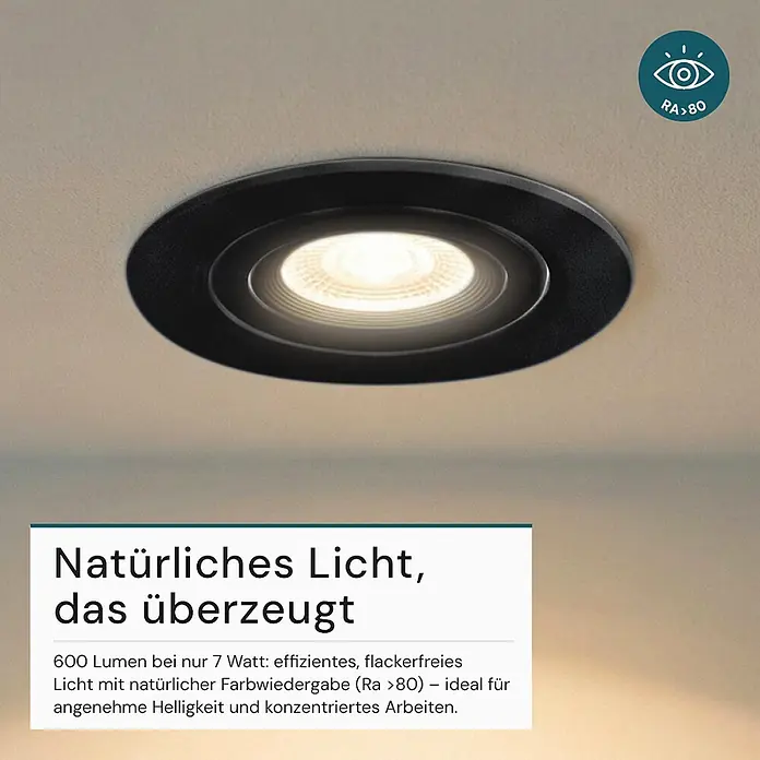 Luxula Wand- & Deckenspot LUXULA LED Downlight schwenkbar Set - 7 W, Ø x H: 9 x 5 cm, Schwarz, Mehrfarbig - Schwarzer LED-Einbaustrahler in einer hellen Decke installiert.