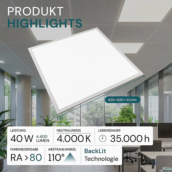 Luxula LED-Panel - 40 W, Weiß, Neutralweiß - Ein weißes quadratisches LED-Panel, 620x620x32 mm, in einer Bürodecke montiert.