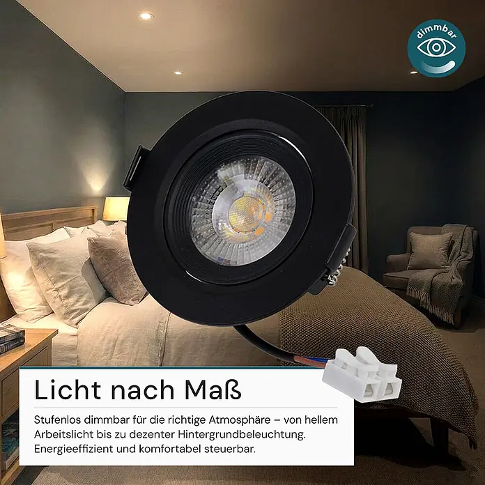 Luxula Wand- & Deckenspot LUXULA LED Downlight schwenkbar Set - 7 W, Ø x H: 9 x 5 cm, Schwarz, Mehrfarbig - Schwarzer dimmbarer LED-Einbaustrahler mit Anschlussklemme für verstellbare Schlafzimmerbeleuchtung.