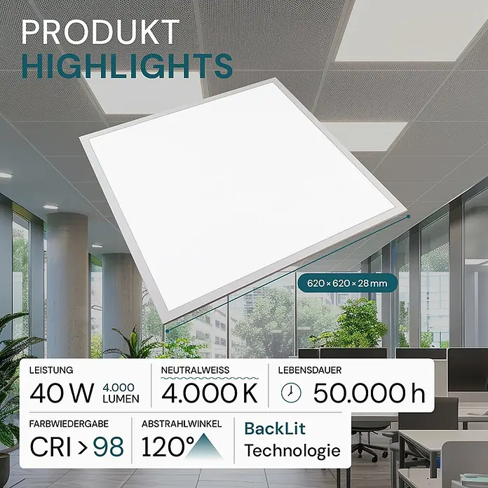 Luxula LED-Panel - 40 W, Weiß, Neutralweiß - Quadratische weiße LED-Deckenleuchte (620x620x28mm) in Büroumgebung, ihre Beleuchtung betonend.