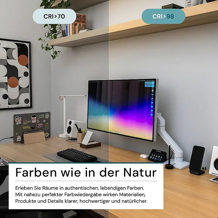 Luxula LED-Panel - 40 W, Weiß, Neutralweiß - Schreibtisch mit zwei Beleuchtungen: Links (CRI>70) stumpfe Farben, rechts (CRI>98) lebendige, natürliche Farben für akkurate Farbwiedergabe.