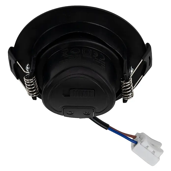 Luxula Wand- & Deckenspot LUXULA LED Downlight schwenkbar Set - 7 W, Ø x H: 9 x 5 cm, Schwarz, Mehrfarbig - Schwarzer Einbaustrahler von unten mit Befestigungsfedern, Kabeln und Stecker.