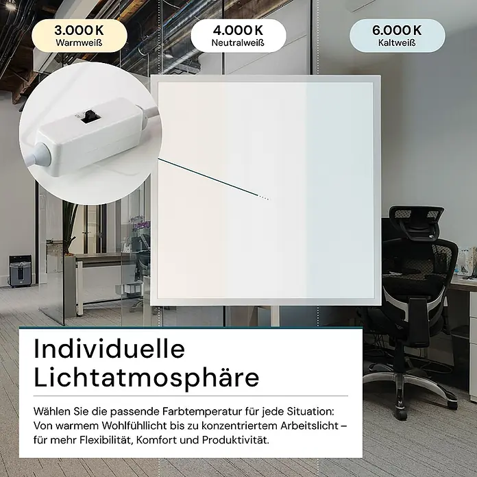 Luxula LED-Panel - 36 W, Weiß, Warmweiß - Lichtpanel zeigt einstellbare Farbtemperaturen (warm-, neutral-, kaltweiß) von 3000K bis 6000K, mit einem Schnurschalter zur Steuerung.