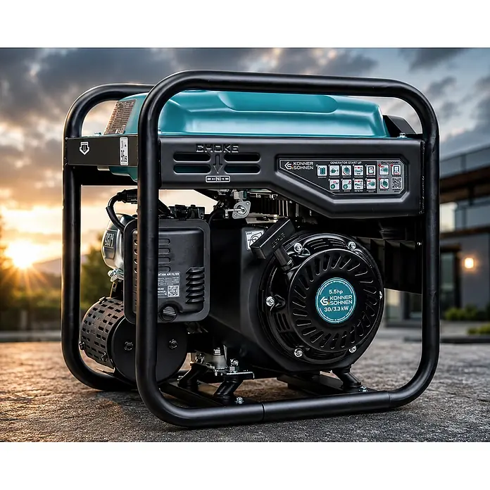 Stürmer Maschinen Stromerzeuger KS 3300i 3 kW Benzin - Nennleistung: 3 kW, Tankvolumen: 7 l, Verbrauch: 2,9 l/h - Konner & Sohnen 5,5 PS, 3,0/3,3 kW Generator mit schwarzem Rahmen und türkisfarbenem Tank, draußen bei Sonnenuntergang.
