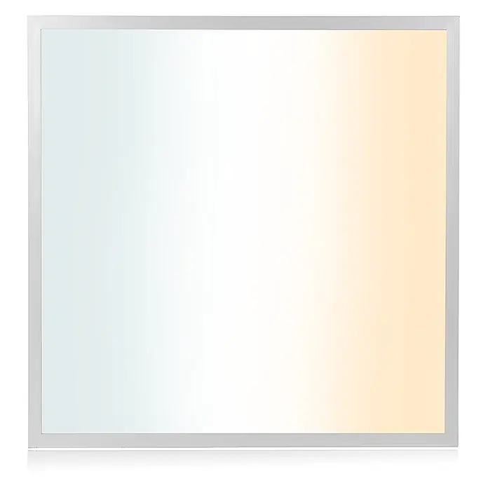 Luxula LED-Panel - 36 W, Weiß, Warmweiß - Silbergerahmte LED-Panel-Leuchte, die einen Verlauf von kalt- zu warmweißem Licht zeigt.