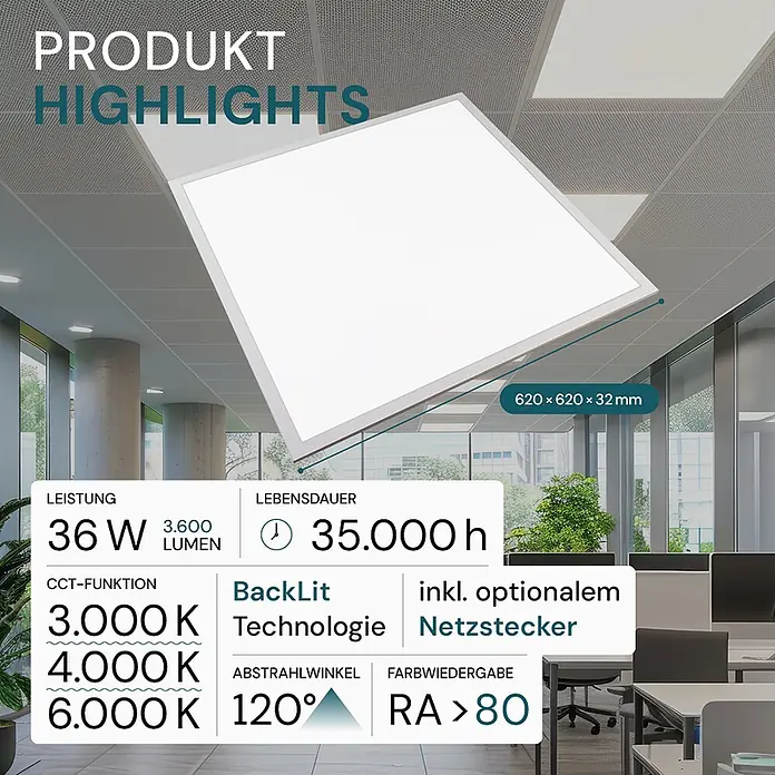 Luxula LED-Panel - 36 W, Weiß, Warmweiß - Quadratische, weiße LED-Deckenleuchte mit schlankem Rahmen, in einer Bürodecke installiert. Maße 620x620x32 mm.