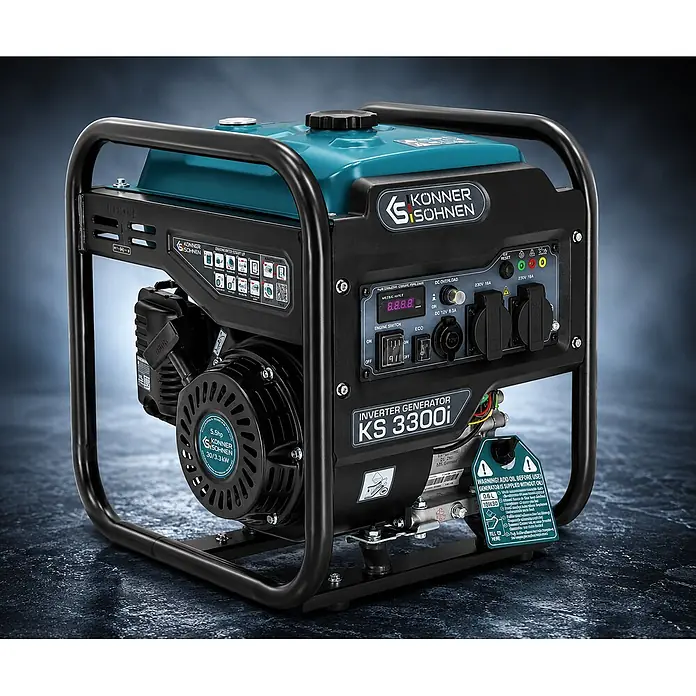 Stürmer Maschinen Stromerzeuger KS 3300i 3 kW Benzin - Nennleistung: 3 kW, Tankvolumen: 7 l, Verbrauch: 2,9 l/h - Ein schwarzer und türkisfarbener Könner & Söhnen KS 3300i Inverter-Generator mit Bedienfeld, Steckdosen und robustem Metallrahmen.