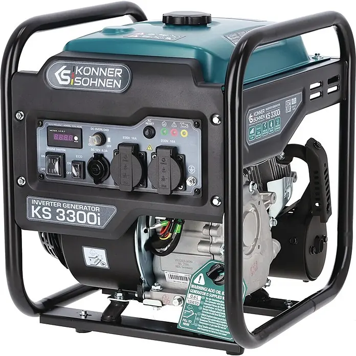 Stürmer Maschinen Stromerzeuger KS 3300i 3 kW Benzin - Nennleistung: 3 kW, Tankvolumen: 7 l, Verbrauch: 2,9 l/h - Könner & Söhnen KS 3300i Inverter-Generator mit schwarzem Rahmen und türkisem Tank, Bedienfeld mit Steckdosen und Display.