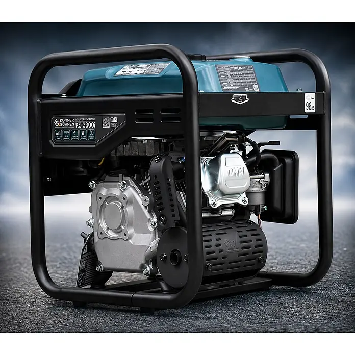 Stürmer Maschinen Stromerzeuger KS 3300i 3 kW Benzin - Nennleistung: 3 kW, Tankvolumen: 7 l, Verbrauch: 2,9 l/h - Konner Söhnen KS 3300i Inverter-Generator mit schwarzem Rahmen, türkisfarbenem Tank und silbernem Motor.