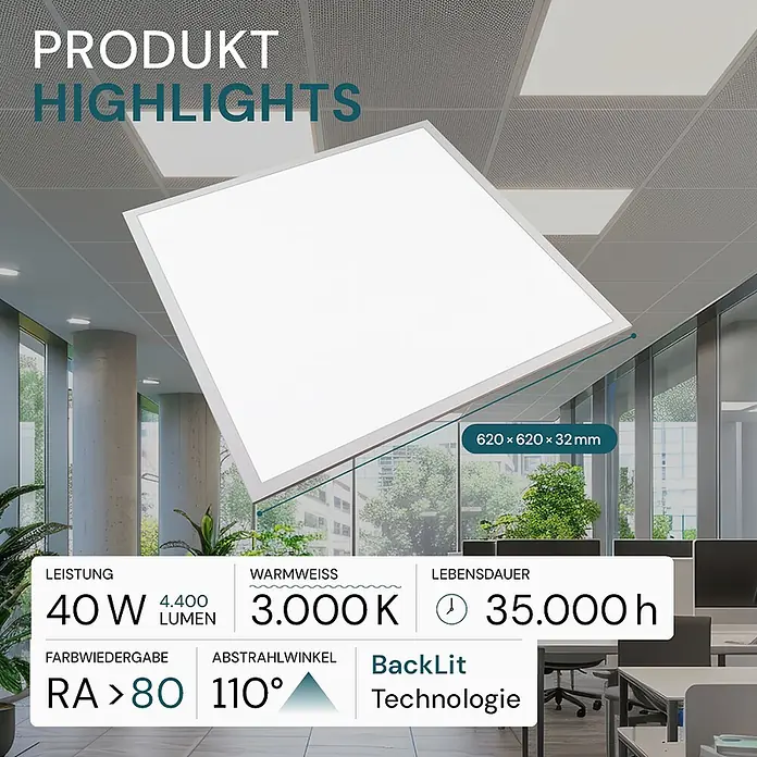 Luxula LED-Panel LED Panel - 40 W, Weiß, Weiß, Warmweiß - Weißes LED-Panel im Büro, zeigt Abmessungen (620x620x32mm) und technische Daten: 40W, 4400 Lumen, 3000K, 35000h Lebensdauer.
