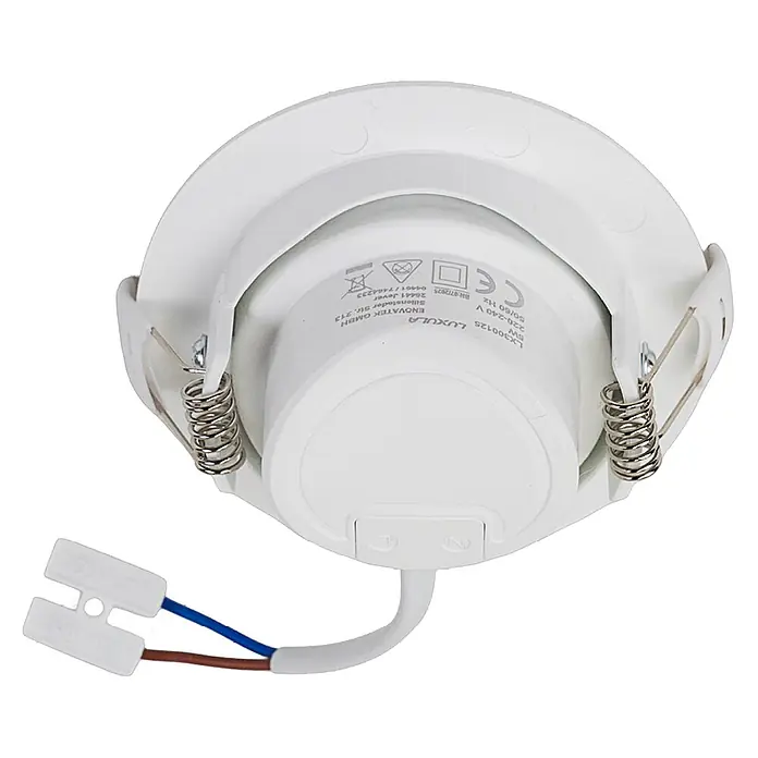Luxula Wand- & Deckenspot LUXULA LED Downlight schwenkbar - 7 W, Ø x H: 9 x 5 cm, Weiß, Warmweiß - Weiße LED-Einbauleuchte, Rückansicht mit Befestigungsfedern und elektrischem Stecker mit blauen und braunen Kabeln.
