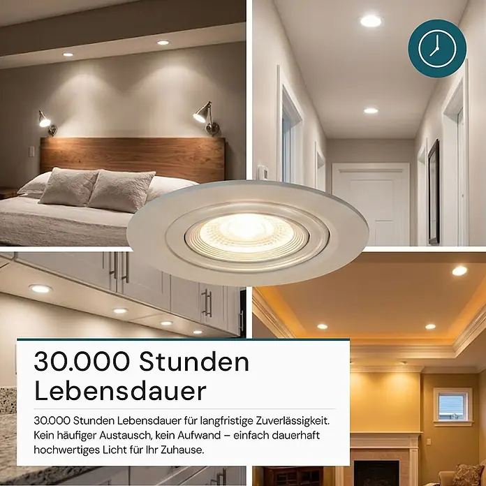 Luxula Wand- & Deckenspot LUXULA LED Downlight schwenkbar - 7 W, Ø x H: 9 x 5 cm, Weiß, Warmweiß - Weißer Einbaustrahler in Wohnbereichen (Schlafzimmer, Flur, Küche, Wohnzimmer) mit Text '30.000 Stunden Lebensdauer' und Uhr-Symbol.