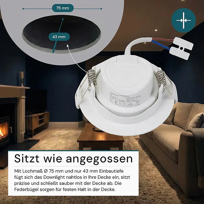 Luxula Wand- & Deckenspot LUXULA LED Downlight schwenkbar - 7 W, Ø x H: 9 x 5 cm, Weiß, Warmweiß - Weißer LED-Einbaustrahler von hinten, zeigt 75mm Lochausschnitt und 43mm Einbautiefe mit Federbügeln und Anschlüssen.