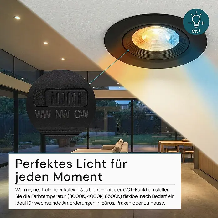 Luxula Wand- & Deckenspot LUXULA LED Downlight schwenkbar Set - 5 W, Ø x H: 9 x 5 cm, Schwarz, Mehrfarbig - Schwarzer Einbaustrahler mit CCT-Funktion, der warmes bis kaltweißes Licht in einem modernen Wohnraum zeigt.