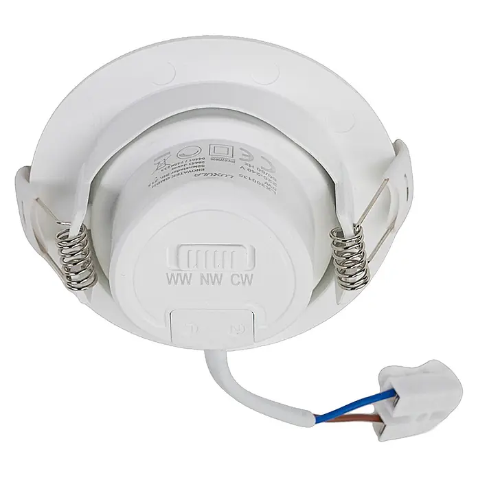 Luxula Wand- & Deckenspot LUXULA LED Downlight schwenkbar Set - 5 W, Ø x H: 9 x 5 cm, Weiß, Mehrfarbig - Weißer Einbaustrahler, Rückansicht mit Installationsfedern, Verkabelung und WW/NW/CW Farbtemperaturschalter.