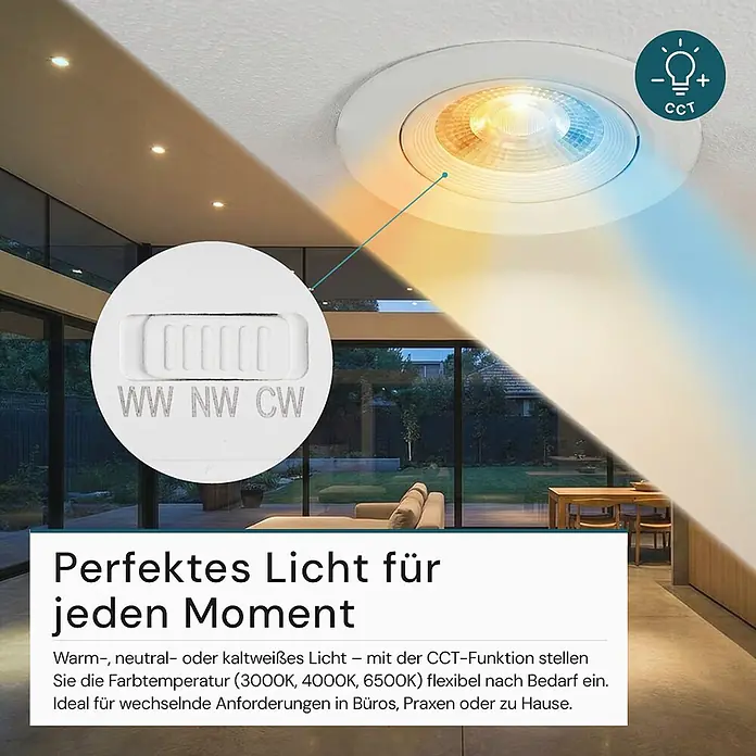 Luxula Wand- & Deckenspot LUXULA LED Downlight schwenkbar Set - 5 W, Ø x H: 9 x 5 cm, Weiß, Mehrfarbig - Weiße Einbauleuchte mit CCT-Funktion, einstellbare Farbtemperatur (WW, NW, CW) in einem modernen Raum.