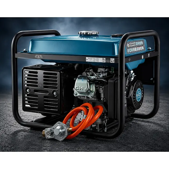 Stürmer Maschinen Stromerzeuger KS 2900G 2,5 kW Benzin/Gas - Nennleistung: 2,5 kW, Tankvolumen: 15 l, Verbrauch: 2,4 l/h - Türkis-schwarzer tragbarer Dual-Fuel-Generator mit robustem Rahmen, OHV-Motor und orangefarbenen Gasschläuchen.