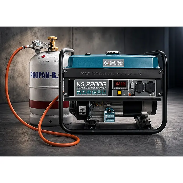 Stürmer Maschinen Stromerzeuger KS 2900G 2,5 kW Benzin/Gas - Nennleistung: 2,5 kW, Tankvolumen: 15 l, Verbrauch: 2,4 l/h - Ein Konner Sohnen KS 2900G Dual-Fuel-Generator (blau/schwarz) mit orangem Schlauch an einer silbernen Propangasflasche angeschlossen. Der Bildschirm zeigt '0230'.
