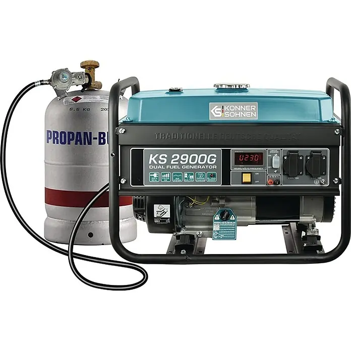 Stürmer Maschinen Stromerzeuger KS 2900G 2,5 kW Benzin/Gas - Nennleistung: 2,5 kW, Tankvolumen: 15 l, Verbrauch: 2,4 l/h - Blauer und schwarzer Dual-Fuel-Generator, verbunden mit einer silbernen Propan-Butan-Gasflasche.