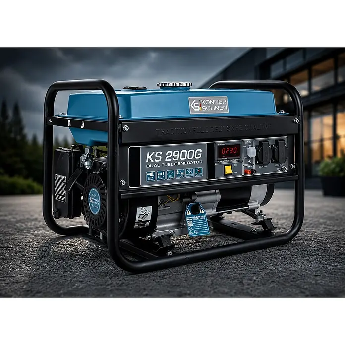 Stürmer Maschinen Stromerzeuger KS 2900G 2,5 kW Benzin/Gas - Nennleistung: 2,5 kW, Tankvolumen: 15 l, Verbrauch: 2,4 l/h - Blauer und schwarzer "Könner & Söhnen KS 2900G Dual Fuel Generator" mit robustem Rahmen, draußen auf Asphalt.