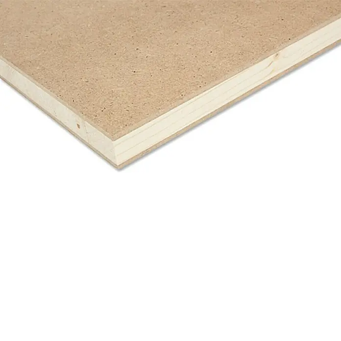 Tischlerplatte nach Maß - Holzmix, L x B: 2.800 x 2.070 mm, Stärke: 19 mm - Nahaufnahme einer Holzfaserplatte, ideal für Möbelbau und Heimwerkerprojekte, mit glatter Oberfläche und stabilen Kanten.