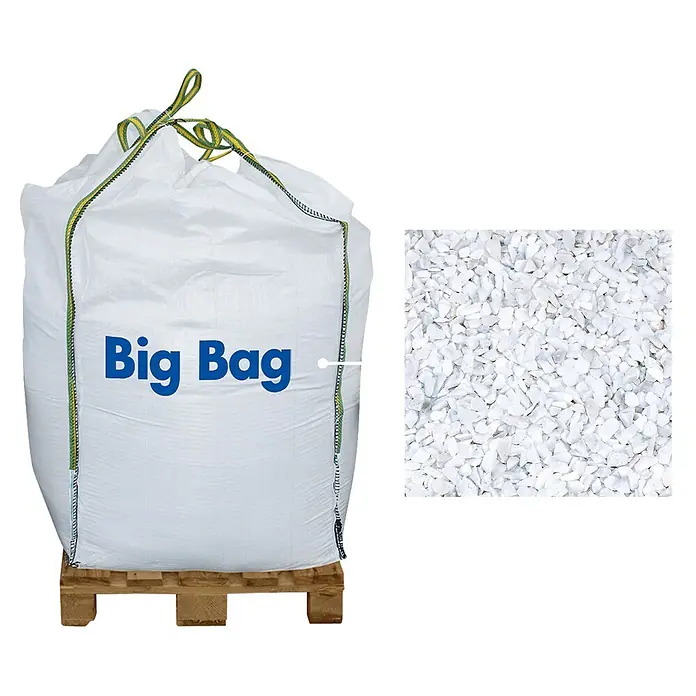 Hamann Mercatus Marmorsplitt - Carrara, Körnung: 9 mm - 12 mm, 1.000 kg - Weißer Big Bag mit weißen Ziersteinen, beschriftet mit "Big Bag", auf einer Holzpalette.