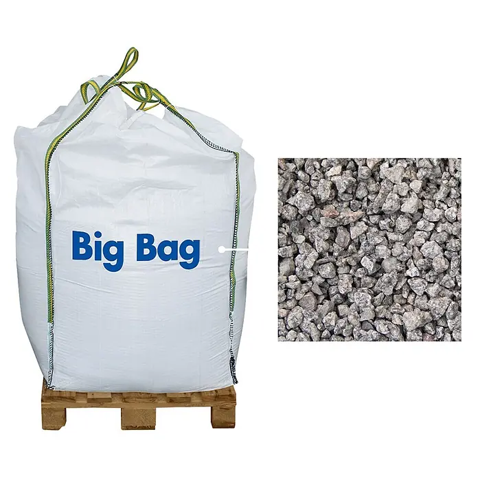 Hamann Mercatus Granitsplitt - Hellgrau, Körnung: 8 mm - 16 mm, 1.000 kg - Weißer Big Bag mit Schotter auf Holzpalette; Detailbild zeigt das Material.