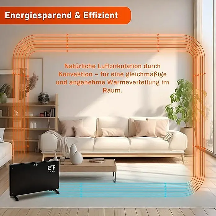 Nettlife Bauheizer -  - Schwarzer elektrischer Konvektionsheizer in einem Wohnzimmer, der die Zirkulation von warmer und kühler Luft zur gleichmäßigen Beheizung darstellt.