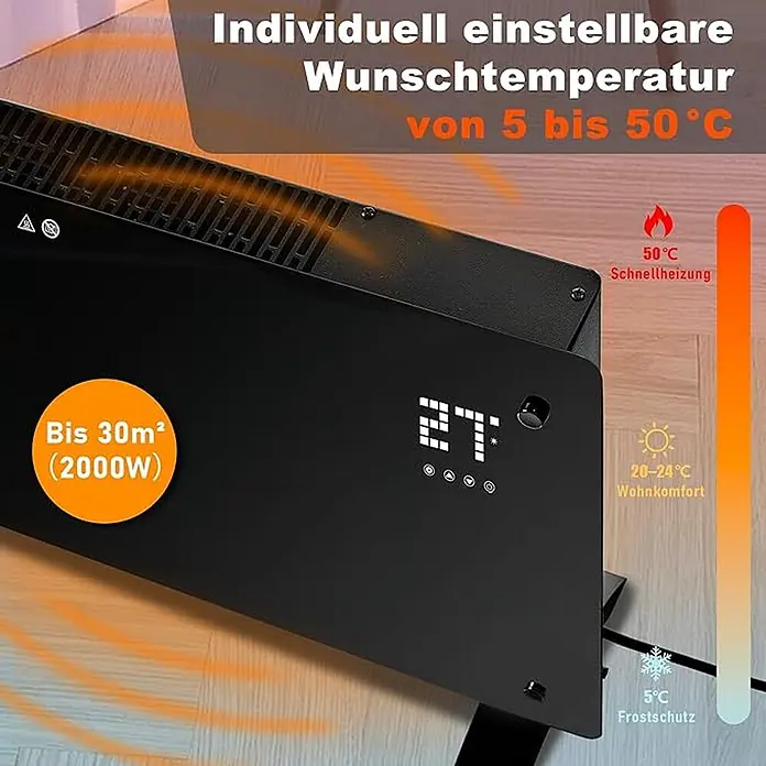 Nettlife Bauheizer -  - Schwarze Elektroheizung mit Digitalanzeige (27°C), einstellbar von 5-50°C. 2000W Leistung für Räume bis 30m².