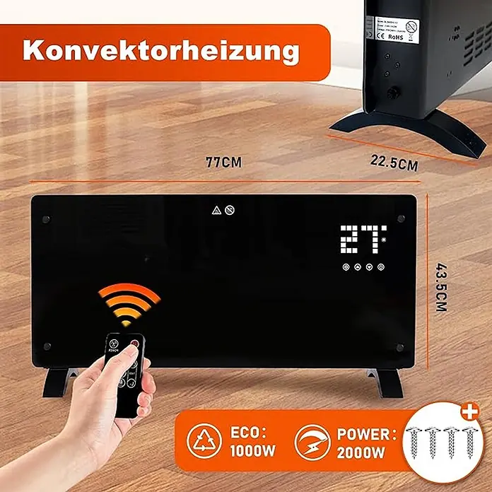Nettlife Bauheizer -  - Schwarze Konvektorheizung mit Digitalanzeige und Fernbedienung, zeigt Maße (77x43,5cm) und Heizleistung (1000W ECO, 2000W POWER).