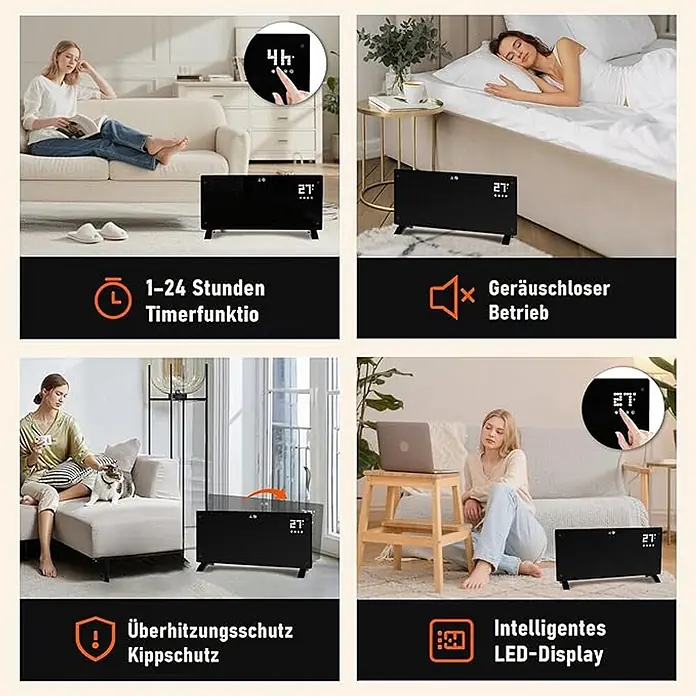Nettlife Bauheizer -  - Schwarze elektrische Heizplatte in verschiedenen Heimumgebungen, mit Timer, leisem Betrieb und LED-Anzeige.