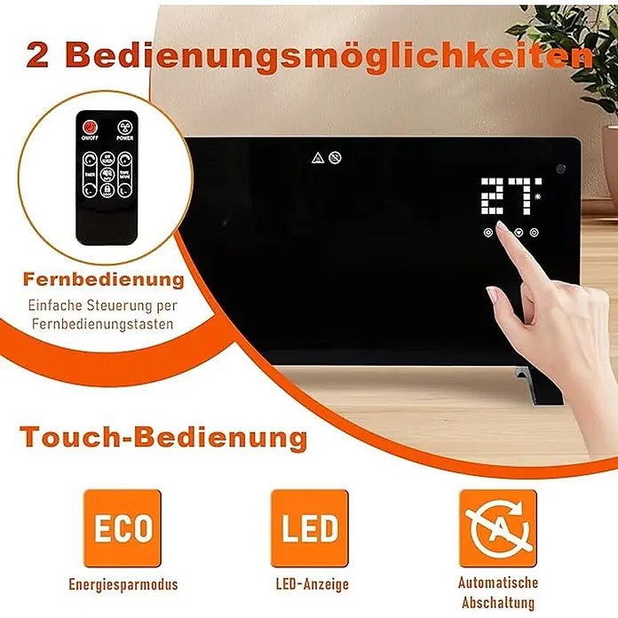 Nettlife Bauheizer -  - Schwarzer Heizlüfter mit digitaler Anzeige, bedienbar per Touchscreen und Fernbedienung, zeigt 27°C.
