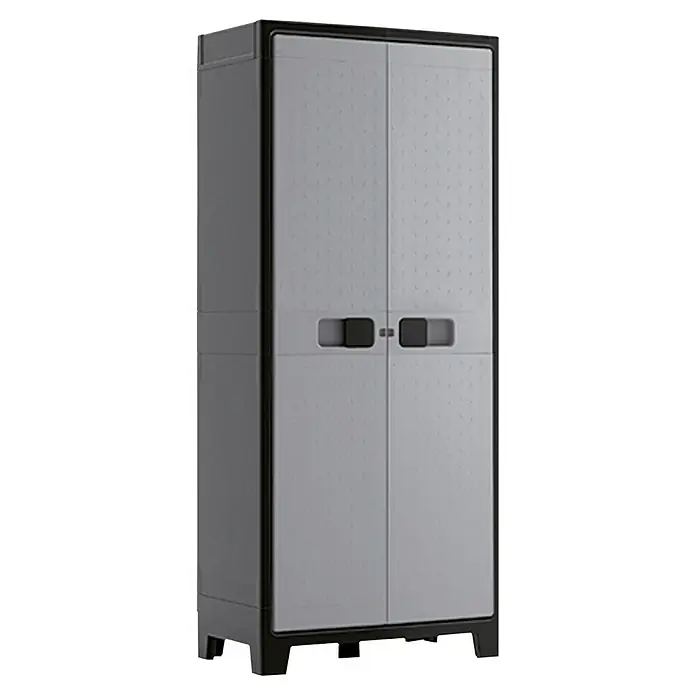 Regalux Space Line Armario multiusos de plástico - L x An x Al: 44 x 80 x 182 cm, Número de puertas: 2 ud., Gris/Negro - Armario de plástico gris con dos puertas y tiradores negros, ideal para soluciones de almacenamiento interior.