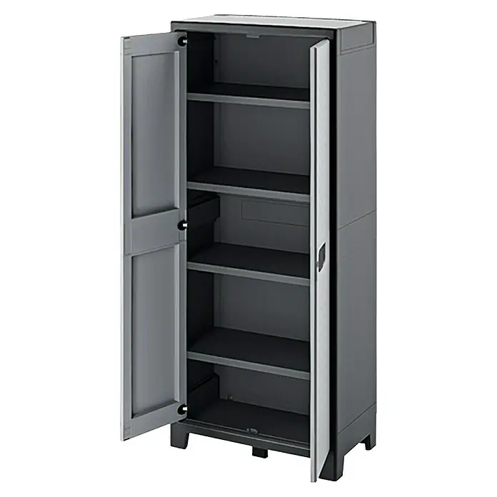 Regalux Space Line Armario multiusos de plástico - L x An x Al: 44 x 80 x 182 cm, Número de puertas: 2 ud., Gris/Negro - Armario de plástico gris con puertas abiertas y múltiples estantes.