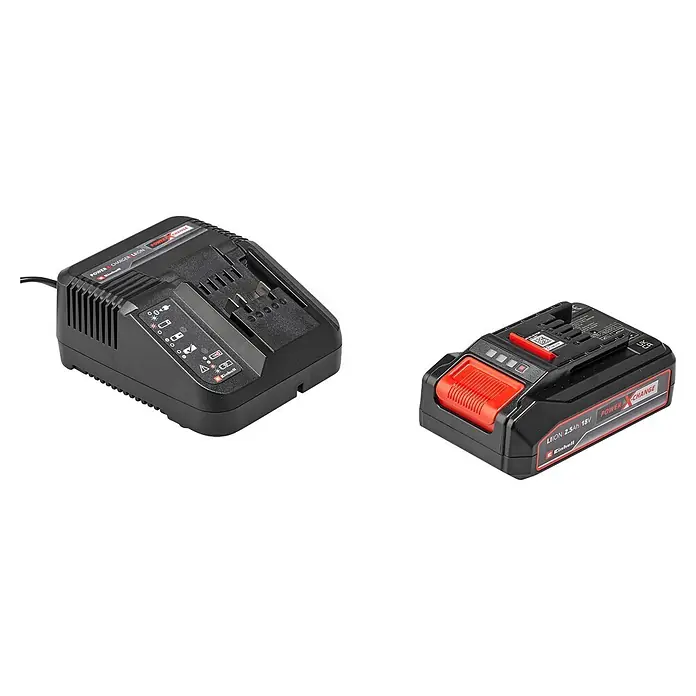 Einhell Power X-Change 18V Akku-Heckenschere GC-CH 1855/1 LI - 18 V, Li-Ionen, 1 Akku, Schnittlänge: 55 cm - Schwarzes Einhell Akku-Ladegerät und ein schwarzer und roter Power X-Change Li-Ion 2,5Ah 18V Akku.