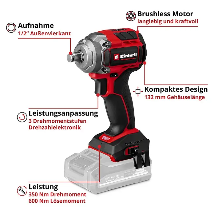 Einhell Professional Power X-Change 18V Akku-Schlagschrauber TP-CW 18/350-C Li BL - Solo - 18 V, Ohne Akku, 350 Nm - Roter und schwarzer Akku-Schlagschrauber mit bürstenlosem Motor und einstellbarem Drehmoment für kraftvolles Verschrauben und Lösen.