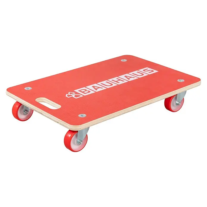 BAUHAUS Transportroller - L x B x H: 590 x 390 x 110 mm, Traglast: 300 kg, Metall - Rotes Transportbrett aus Holz mit vier roten Rollen und 'Bauhaus'-Logo.