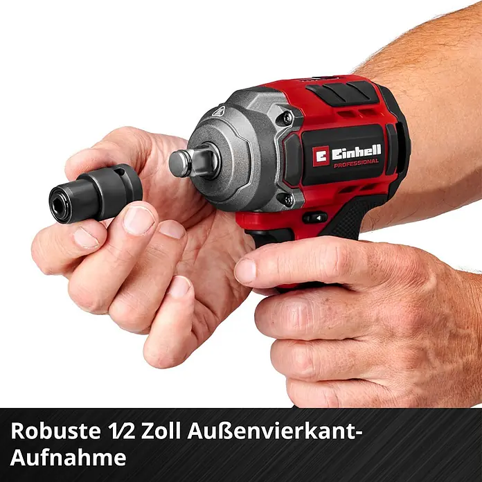 Einhell Professional Power X-Change 18V Akku-Schlagschrauber TP-CW 18/350-C Li BL - Solo - 18 V, Ohne Akku, 350 Nm - Roter und schwarzer Akku-Schlagschrauber, von Händen gehalten, mit eingesetztem 1/2 Zoll Außenvierkant-Adapter.