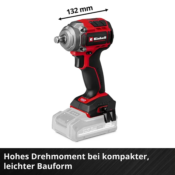 Einhell Professional Power X-Change 18V Akku-Schlagschrauber TP-CW 18/350-C Li BL - Solo - 18 V, Ohne Akku, 350 Nm - Roter und schwarzer Einhell Schlagschrauber mit 132 mm Kopflänge, mit Akkupack dargestellt.