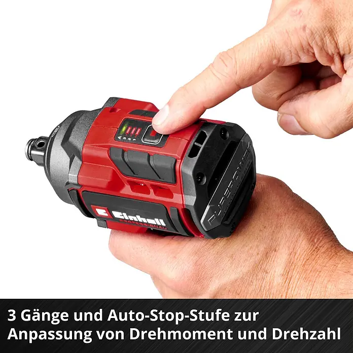 Einhell Professional Power X-Change 18V Akku-Schlagschrauber TP-CW 18/350-C Li BL - Solo - 18 V, Ohne Akku, 350 Nm - Hand hält rot-schwarzen Einhell Schlagschrauber. Finger wählt Modus mit 3 Gängen und Auto-Stopp für Drehmoment und Drehzahl.