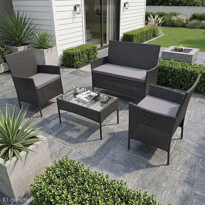SVITA Loungemöbel-Set BROOKLYN - 4 -tlg., Schwarz - Dunkelgraues Rattan-Gartenmöbelset mit hellgrauen Kissen, bestehend aus Sofa, zwei Sesseln und einem Couchtisch auf Steinterrasse.