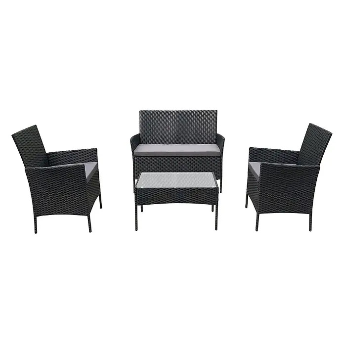 SVITA Loungemöbel-Set BROOKLYN - 4 -tlg., Schwarz - Gartenmöbel-Set aus schwarzem Polyrattan mit zwei Sesseln, einem Zweisitzer-Sofa und einem Couchtisch mit Glasplatte, alle mit grauen Kissen.