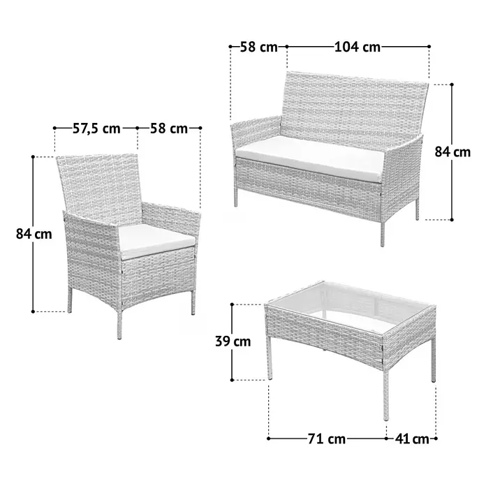 SVITA Loungemöbel-Set BROOKLYN - 4 -tlg., Beige - Weißes Gartenmöbel-Set aus Polyrattan mit Sessel, Zweisitzer-Sofa und Couchtisch, mit detaillierten Maßen.