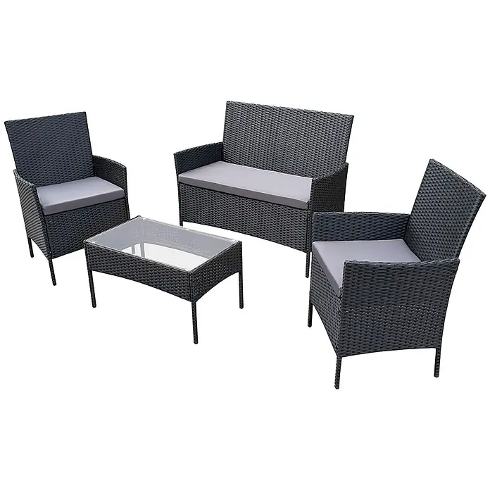 SVITA Loungemöbel-Set BROOKLYN - 4 -tlg., Schwarz - Dunkelgraue Rattan-Sitzgruppe, 4-teilig, mit zwei Sesseln, einem Zweisitzer-Sofa mit grauen Kissen und einem Couchtisch mit Glasplatte.