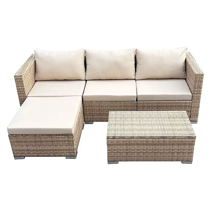SVITA Loungemöbel-Set QUEENS - 5 -tlg., Beige - Helles braunes Rattan-Gartenset mit cremefarbenen Kissen und passendem Couchtisch.