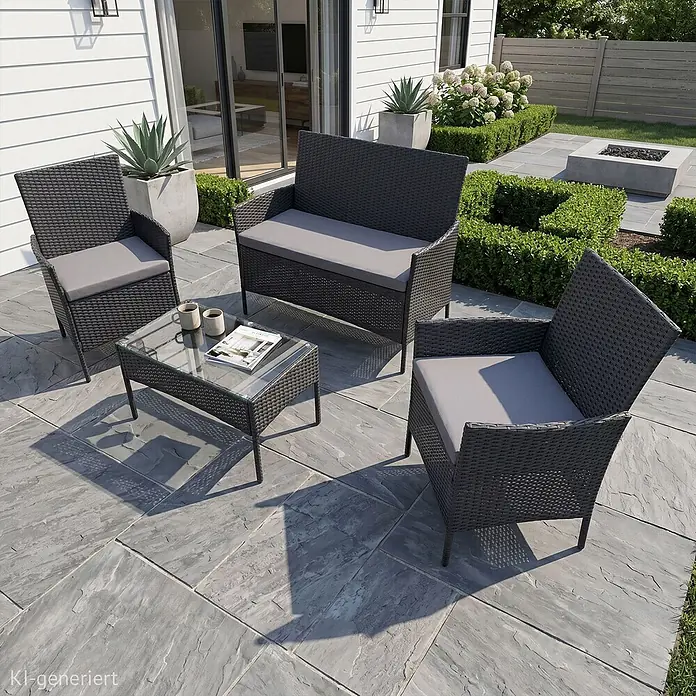 SVITA Loungemöbel-Set BROOKLYN - 4 -tlg., Schwarz - Dunkelgraues Rattan-Gartenmöbelset mit hellgrauen Polstern, bestehend aus zwei Stühlen, einem Zweisitzer und einem Couchtisch mit Glasplatte.