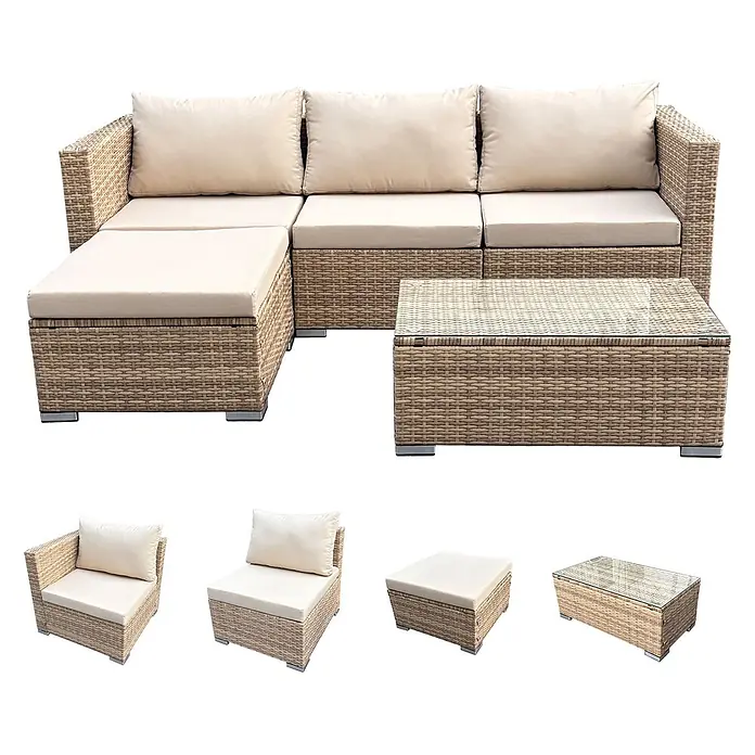 SVITA Loungemöbel-Set QUEENS - 5 -tlg., Beige - Modulares Outdoor-Rattan-Sofa-Set mit beigen Kissen und Couchtisch mit Glasplatte.