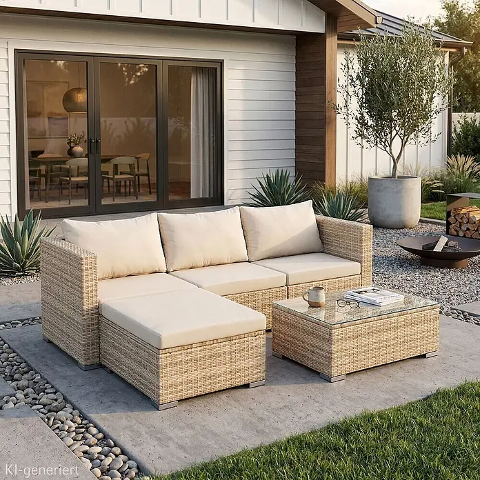 SVITA Loungemöbel-Set QUEENS - 5 -tlg., Beige - Eine hellbraune Rattan-Gartenmöbelgarnitur mit cremefarbenen Kissen, bestehend aus Sofa, Ottoman und Glastisch, auf einer Terrasse.