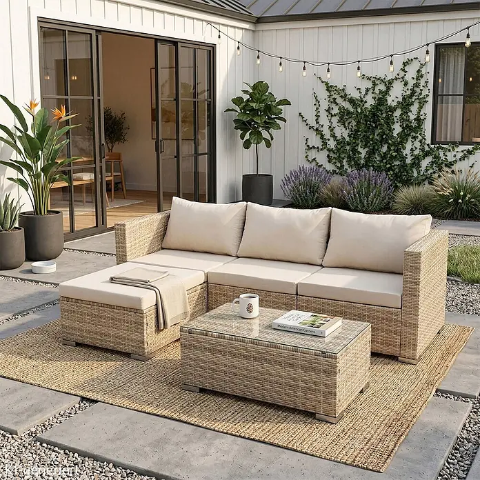 SVITA Loungemöbel-Set QUEENS - 5 -tlg., Beige - Outdoor-Rattan-Ecksofa mit beigen Kissen, Ottoman und Couchtisch aus Glas für entspannte Stunden im Freien.